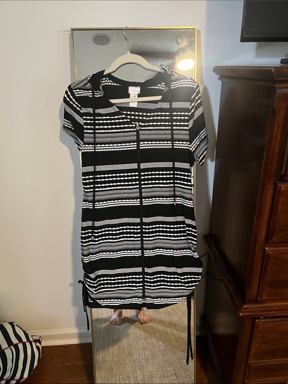 Black & White Striped Hooded Swim Coverup with Front Zip